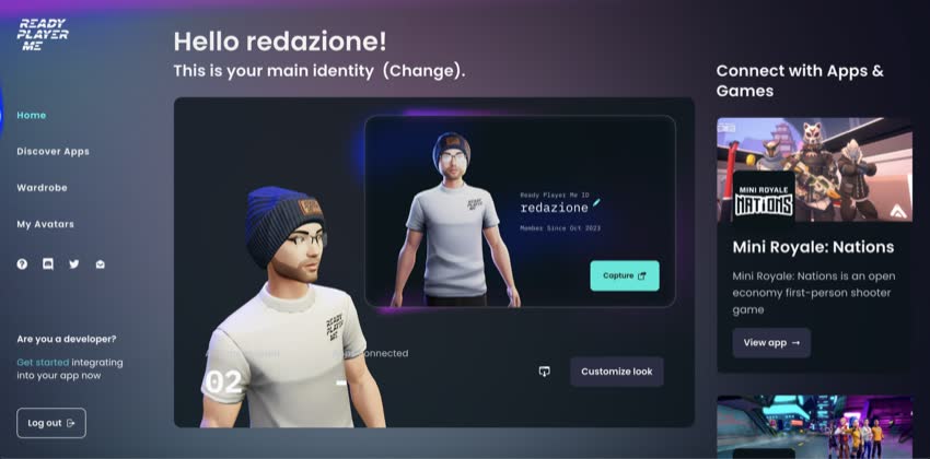 Dashboard di Ready Player Me. A destra le connettività, al centro possibilità di modificare avatar, a sinistra sidebar.