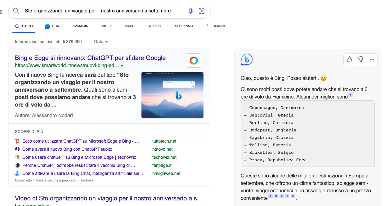 Chat GPT nell'interfaccia Bing